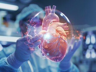 Holographic heart model guiding surgeon, emphasizing precision selective focus, surgical guidance theme, dynamic, Overlay, hightech surgery suite backdrop