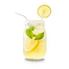 Refreshing lemonade in a mason jar a lemon wedge perched on the rim ice cubes