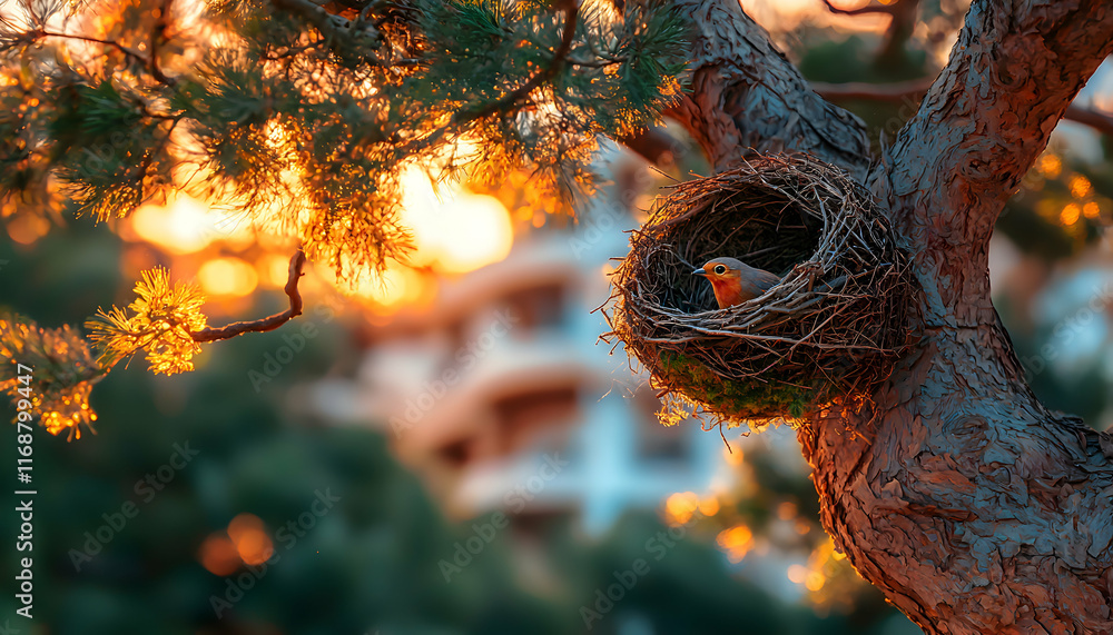 Poster a small bird nestled in its nest, sunlight illuminating the scene, creating a warm, inviting atmosph