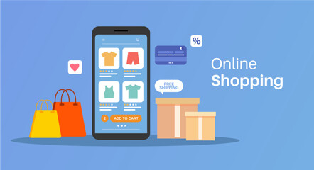 online shopping promotion sale mobile e-commerce digital marketing smartphone bag gift box web banner vector illustration