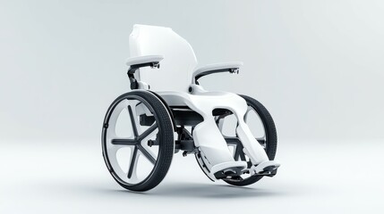 A white wheelchair with a wheel on the front