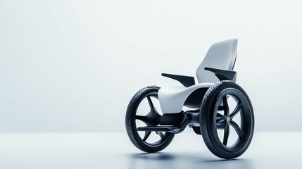 Fototapeta premium A white chair with black wheels is sitting on a white background