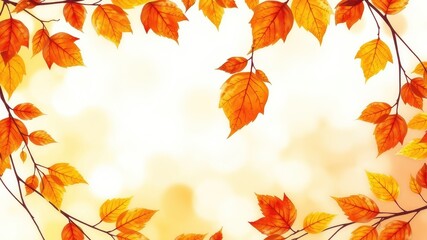 Autumnal Branch Frame with Vibrant Orange and Yellow Leaves Against a Soft, Blurred Background