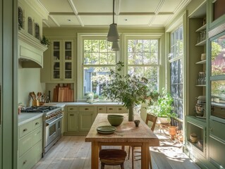Sage Green Kitchen With Wooden Table And Abundant Sunlight