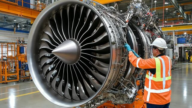 Engine technician repairs aircraft jet engine in busy manufacturing facility