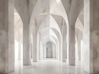 Obraz premium A long white marble hallway with arched columns and a vaulted ceiling