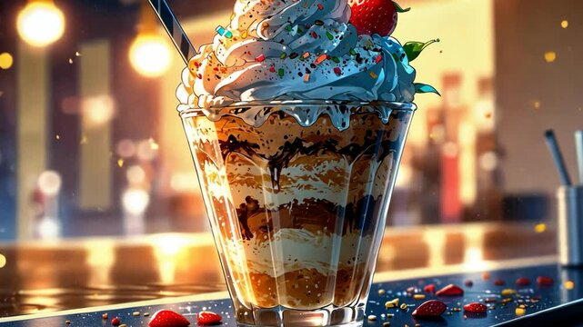 Video footage of decadent dessert parfait with layers of chocolate, cream, and cake, topped with whipped cream, sprinkles, and a strawberry, set against a blurred, warmly lit background.