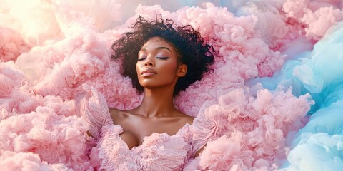 Woman is laying in a pink and blue cloud of smoke