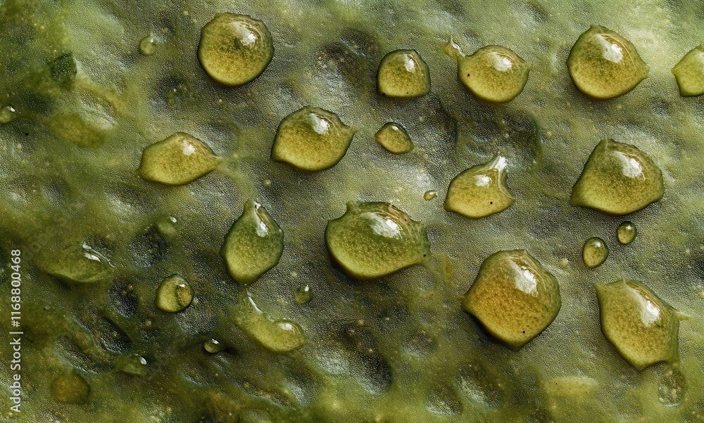 Poster close-up of water droplets on green surface with textured background highlighting nature's unique pa