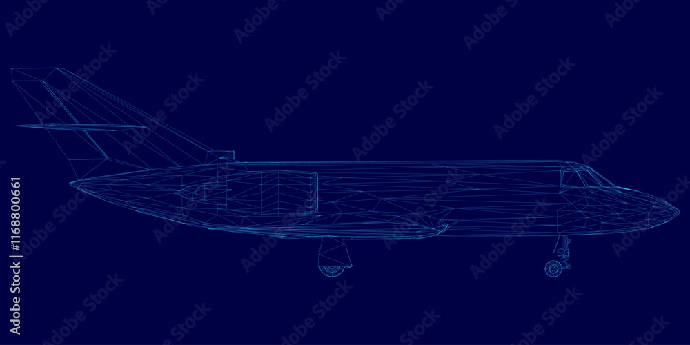 Poster blue airplane is shown in a computer generated image. the image is a stylized representation of the 