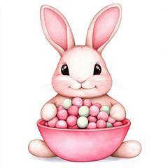 Cute rabbit holding bowl of colorful candies, joyful expression. Perfect for children art