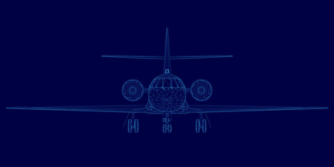 Blue airplane with a tail is shown in a computer generated image. The image has a futuristic and sleek appearance, with the airplane's design and details being emphasized © German Ovchinnikov