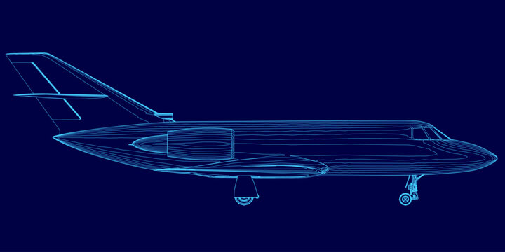 Blue airplane is shown in a computerized drawing. The image is of a jet fighter plane, with its wings and tail visible. The blue color of the plane gives it a sleek and modern appearance