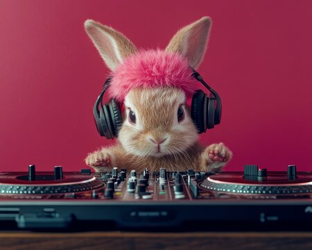 A cute bunny wearing headphones and a pink fur hat stands at a DJ mixer against a vibrant pink background.