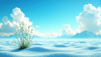 Fototapeta premium White flowers growing in surreal snow covered desert landscape with blue sky