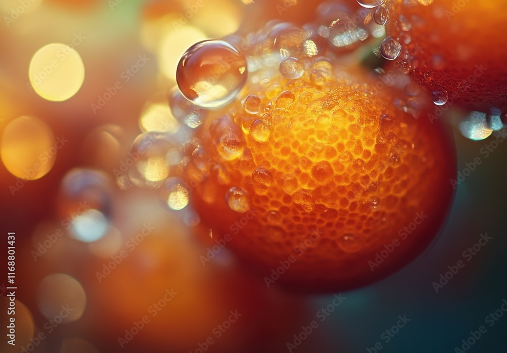 Poster close-up view of fresh orange bubbles with a soft background creating a dreamy wallpaper effect for 