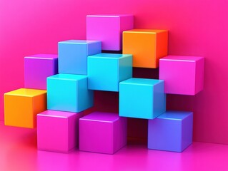 Obraz premium Colorful blocks forming an abstract structure against a pink background.