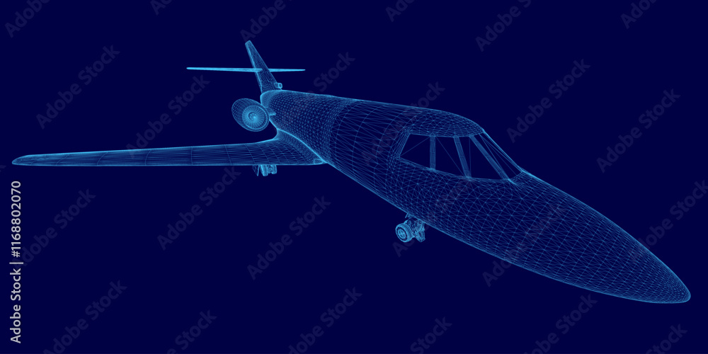 Poster blue airplane with a tail is shown in a blue background. the image is a computer-generated rendering