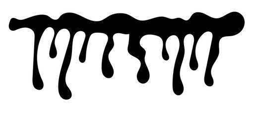 Dripping blood liquid, melt drips borders silhouette in black ink style. different dripping patterns for horror and spooky themes. Flowing liquid. Stencil drops. Chocolate drops. Oil drop