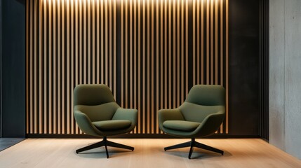 Modern armchairs in contemporary interior with wooden paneling and lighting