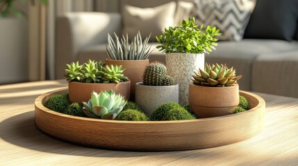Serene Indoor Garden Oasis with Potted Succulents, Moss, and Cacti on Wooden Tray in Soft Light Ambience