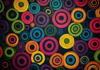 Colorful Abstract Pattern with Circular Shapes in Bright Hues, Featuring a Vibrant Arrangement of Red, Blue, Green, Yellow, and Purple Circles on a Dark Background