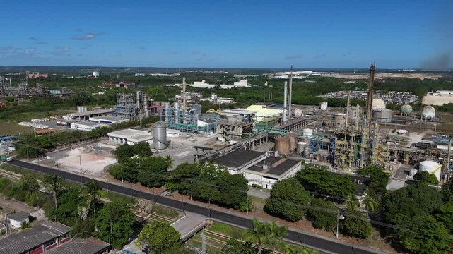 Camacari, Bahia, Brazil - December 26, 2024: Aerial view of a factory in the industrial hub of the city of Camacari.