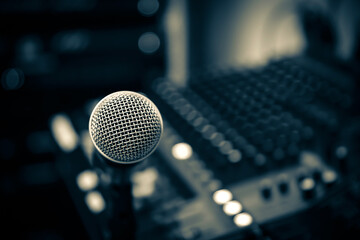 Microphone in studio for producer live broadcasting or audio equipment music instrument speaker of sound record concepts.