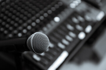 Microphone in studio for producer live broadcasting or audio equipment music instrument speaker of sound record concepts.