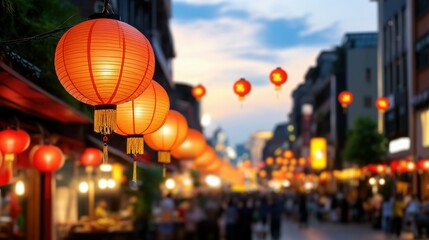 A street scene with many people and lanterns hanging from the buildings