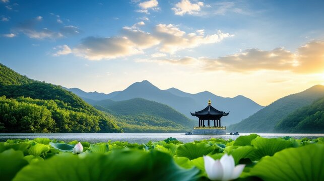 A serene landscape with a small pagoda in the middle of a lake surrounded by lus