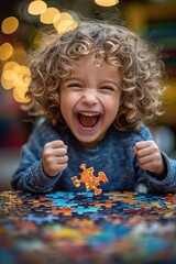 Child joyfully completing a colorful puzzle in a vibrant play area filled with lights
