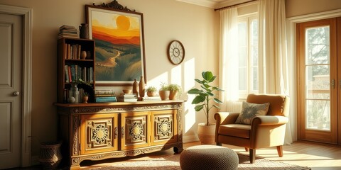 Sunlit Living Room with Ornate Wooden Cabinet and Comfortable Armchair