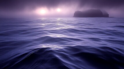 Obraz premium Misty ocean sunrise, island silhouette.