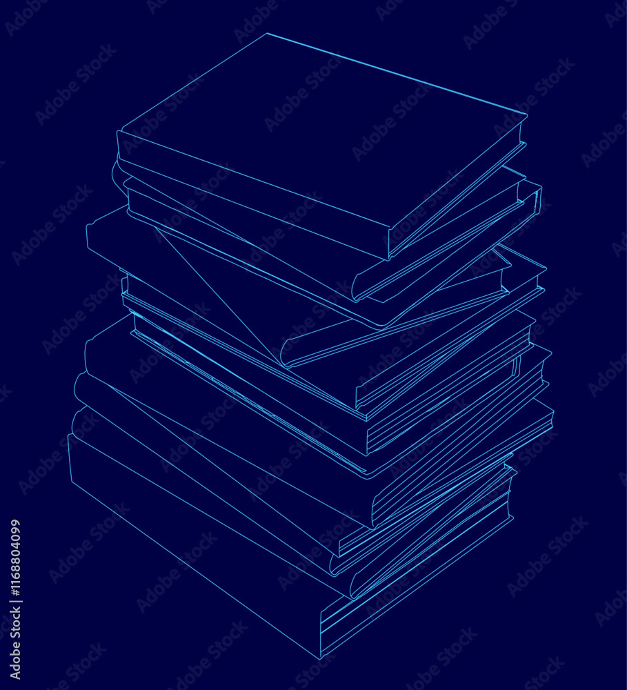 Poster stack of books is shown in a blue background. the books are piled on top of each other, with the bot