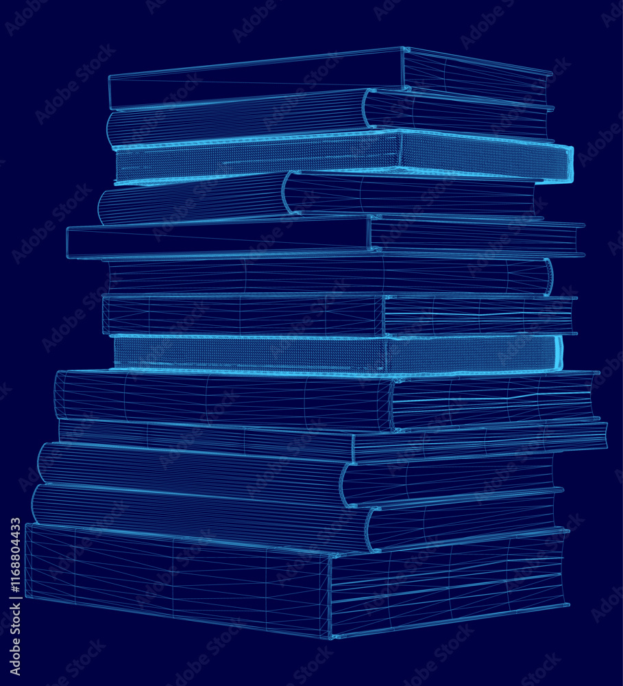 Poster stack of books is shown in a blue color scheme. the books are stacked on top of each other, with the