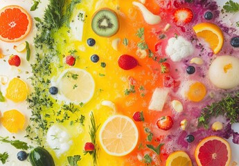 Colorful Arrangement of Fresh Fruits and Bubbles on White Background Showcasing Vibrant Rainbow-Like Spectrum of Natural Ingredients and Textures