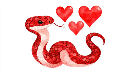 Fototapeta premium Watercolor illustration of chubby snake blowing hearts, expressing love
