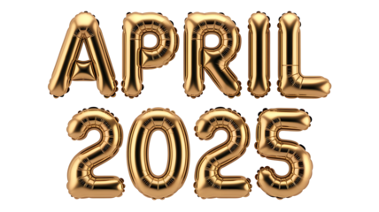 3D Golden Text April 2025 with Reflection  Isolated on Transparent Background, Shining April 2025 in 3D