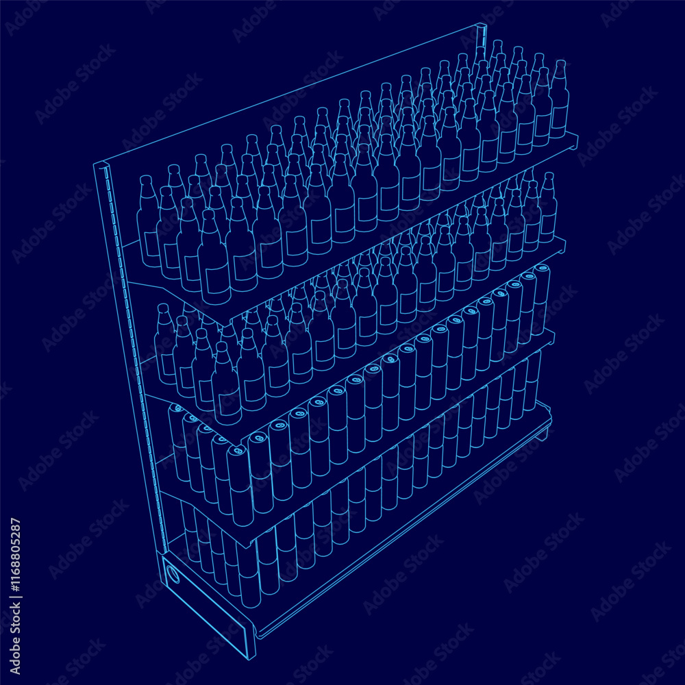 Poster blue image of a store shelf with many bottles of beer on it. the shelf is divided into four sections
