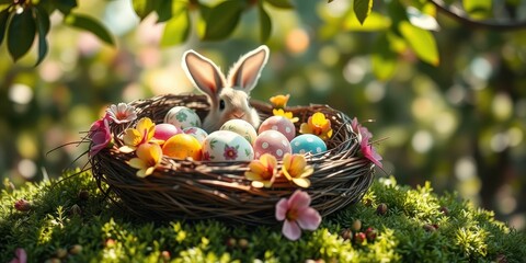 A fluffy bunny nestled in a spring bird's nest surrounded by colorful decorated eggs and vibrant flowers