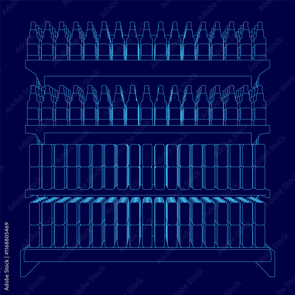 Poster blue image of a shelf with many bottles and books. the shelf is divided into three sections, with th