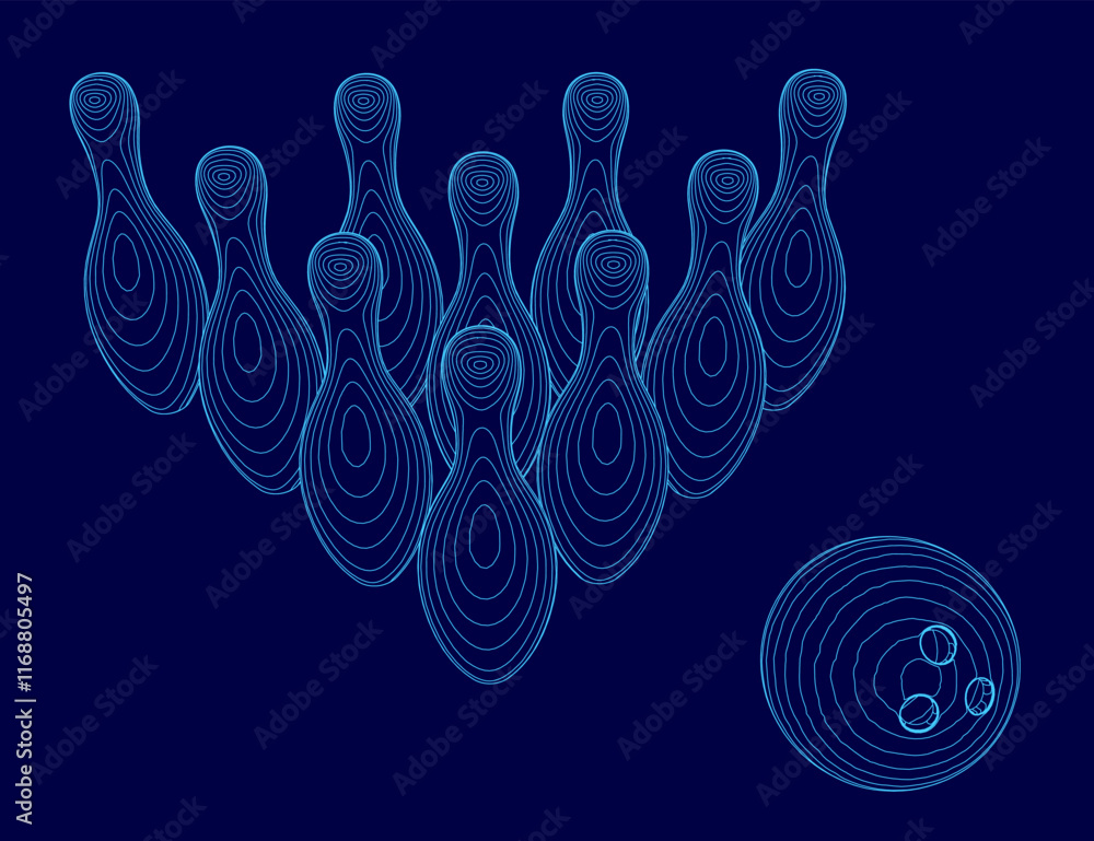 Poster blue background with a bunch of bowling pins and a bowling ball. the bowling pins are arranged in a 