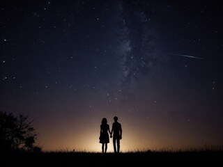 Silhouetted couple stands hand in hand, gazing at a breathtaking night sky filled with stars and a shooting star