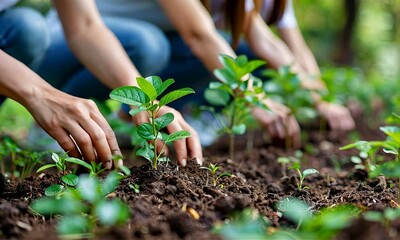 Hands of volunteers planting trees and bushes in public garden. Care about future, nature and healthy environment concept