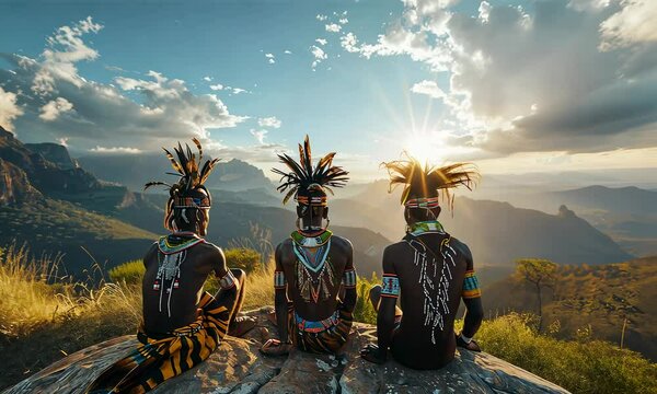 Portrait of Tree Young Indigenous African tribe men are sitting on a big stone and admiring landscape