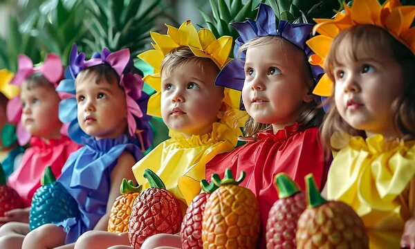 Group of little children in cute costumes watching performance, laughing and enjoying 