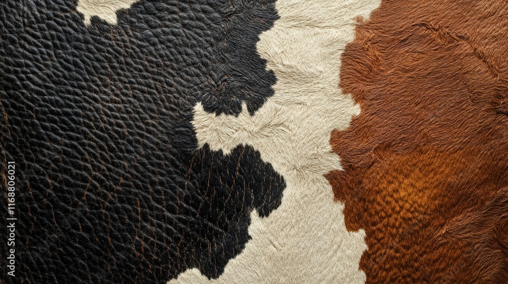 Poster detailed close-up of cowhide texture featuring rich color variations and unique patterns for artisti