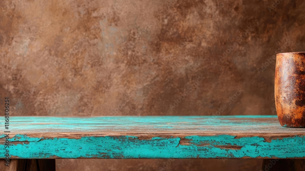 Poster grungy abstract background idea. a rustic wooden table with a turquoise finish and a vintage mug on 