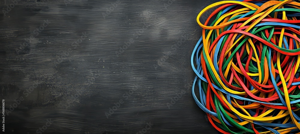 Poster colorful intertwined rubber bands on dark background abstract design with copy space